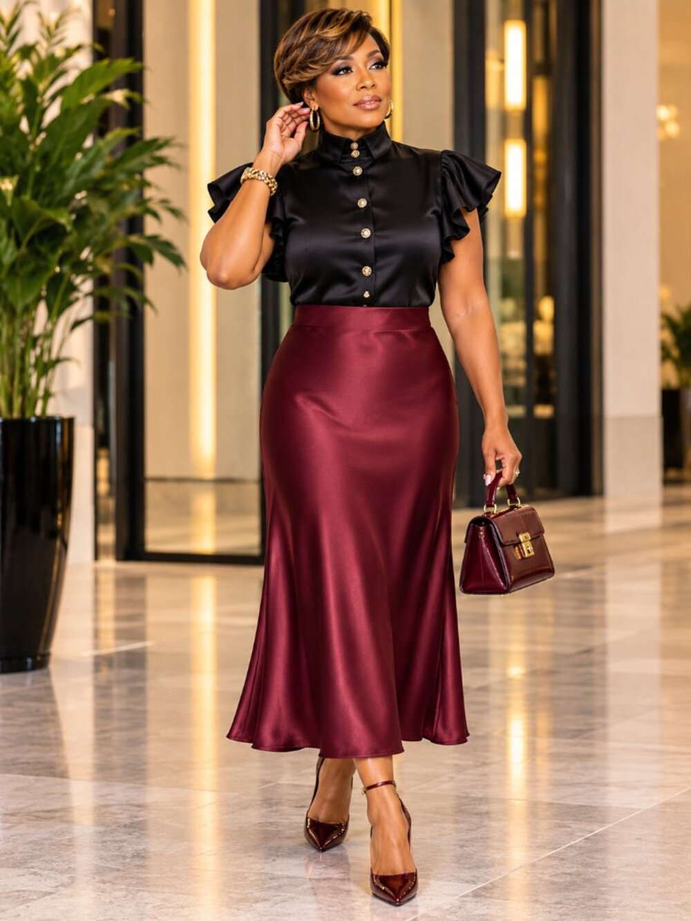 Wine Red Satin Midi Skirt – High-Waist A-Line Elegant Skirt | Size XL